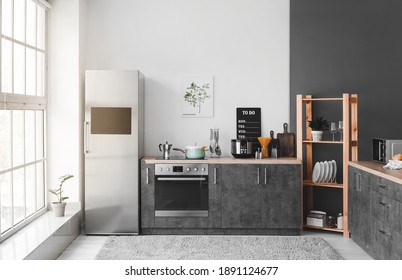 Interior modern kitchen and refrigerator