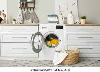 Interior Of Modern Kitchen With Washing Machine