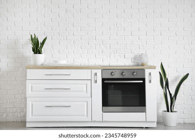 Interior of modern kitchen with white counters, oven, clean dishes and houseplants