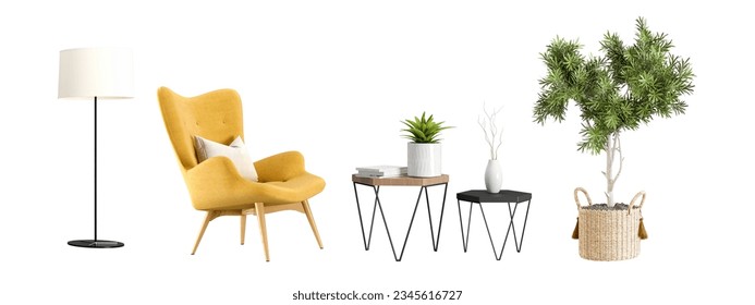 Interior modern living room in 3d rendering. Modern interior furniture set in 3d rendering. Sofa and tables on white background	
