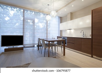 Interior Of Modern Living Room With Kitchen