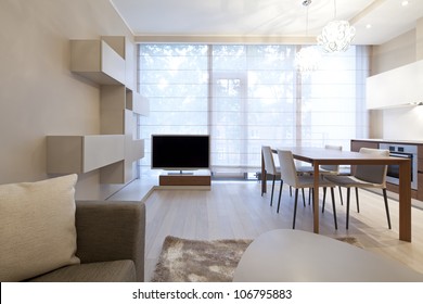 Interior Of Modern Living Room With Kitchen