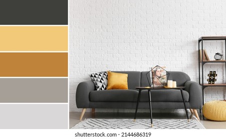 Interior of modern living room with sofa, table and shelf unit. Different color samples - Shutterstock ID 2144686319