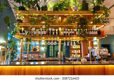 Interior Of Modern Loft Style Restaurant. Bar Counter