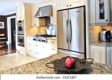 Interior Of Modern Luxury Kitchen With Stainless Steel Appliances