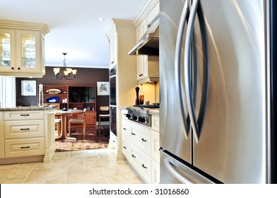 Interior Of Modern Luxury Kitchen With Stainless Steel Appliances