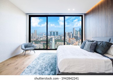 Interior of a modern minimalist bedroom with views of the city of Singapore. - Powered by Shutterstock