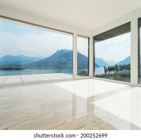 Interior, Modern Penthouse, Empty Living Room With Large Windows