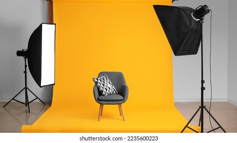 Interior of Modern Photo Studio, photoshoot, yellow background