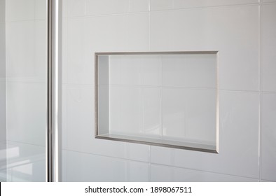 Interior Of A Modern Residential Home: Detail Of A Tiled Shower Niche In A Bathroom