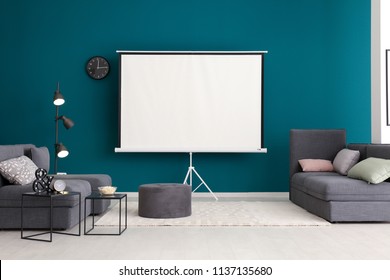 Interior of modern room with home cinema
