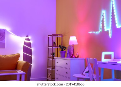 Interior Of Modern Room With Neon Lighting