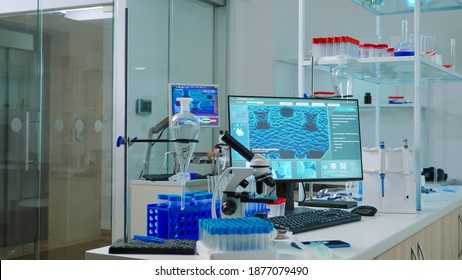 Interior of modern science laboratory with no people prepared for pharmaceutical innovation using high tech, microbiology tools for scientific research. Vaccine development against covid19 virus