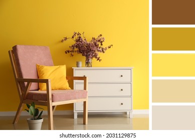 Interior of modern stylish room. Different color patterns