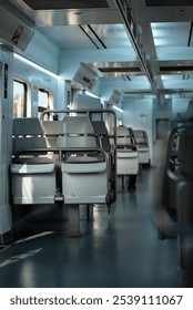 Interior of a modern train with empty seats and bright blue lighting during a daytime commute