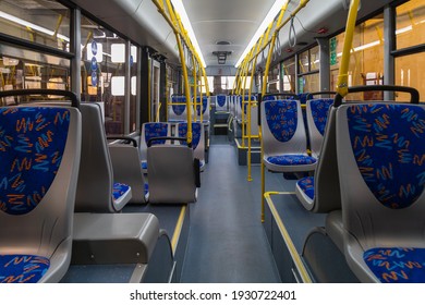 Interior of a modern trolleybus. Passenger compartment. Background