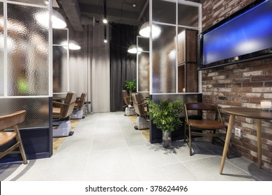 The Interior Of Modern(organic, Vintage, Natural) Hair Salon(beauty Parlor, Hairdresser's) With Chair, Red Brick, Marble Bottom