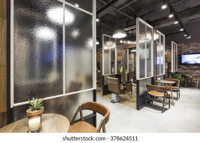 The Interior Of Modern(organic, Vintage, Natural) Hair Salon(beauty Parlor, Hairdresser's) With Chair, Red Brick, Marble Bottom