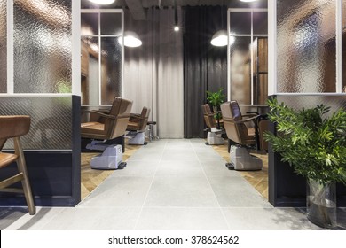 The Interior Of Modern(organic, Vintage, Natural) Hair Salon(beauty Parlor, Hairdresser's) With Chair, Red Brick, Marble Bottom