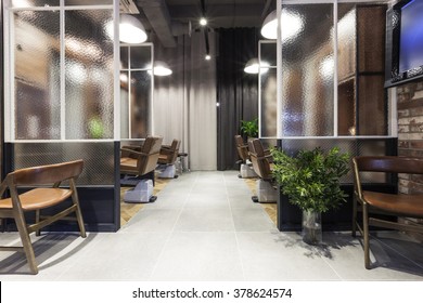 The Interior Of Modern(organic, Vintage, Natural) Hair Salon(beauty Parlor, Hairdresser's) With Chair, Red Brick, Marble Bottom