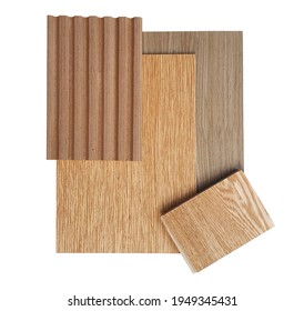 interior mood and tone board containg mdf corrugated panel ,oak wood veneer ,oak engineer flooring samples isolated on white background with clipping path. interior wooden material for finishing work.
