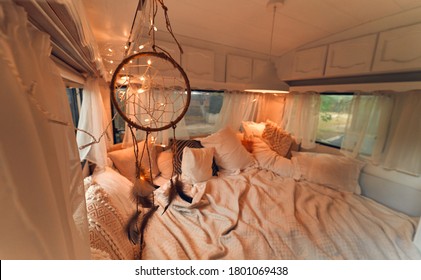 Interior of motor home. Camping trailer. Traveling concept
