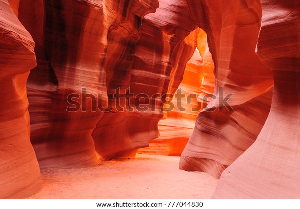 The interior of\
the narrow walls of the winding Antelope Canyon in Navajo Tribal\
Park, near  Page Arizona. 