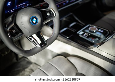 The interior of the new BMW 7 Series. The cockpit is finished in Swarovski crystals. Poland, Katowice, 14.05.2022