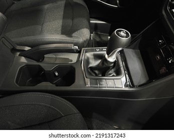 The Interior Of A New Car With A Black Interior. Manual Transmission In Leather Trim	