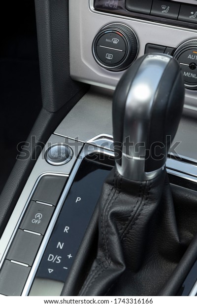 Interior of a new car with\
start button