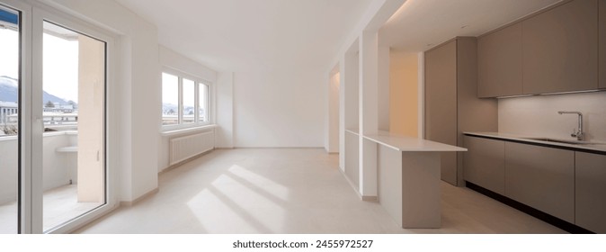 Interior of a new empty modern kitchen in brown beige. Empty flat, no furniture. Great attention to detail. 