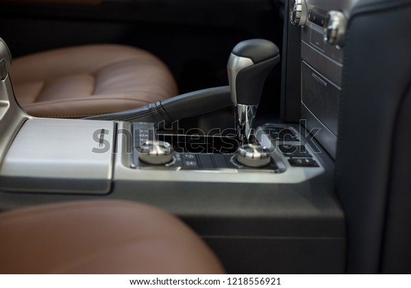 Interior of new vehicle with automatic\
transmission. Modern\
transportation.