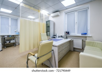 Interior Of Doctor’s Office, Consulting Room In Clinic, Empty Cabinet In Hospital Or Medical Center. Concept Of Doctor’s Counseling, Table, Health, Medicine, Workplace, Design. Moscow - Sept 15, 2017