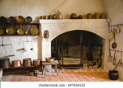 Interior Of An Old Castle With Fireplace And Kitchen. Bauska Castle.Latvia