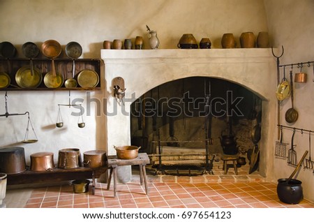 Interior of an old castle with fireplace and kitchen. Bauska castle.Latvia
