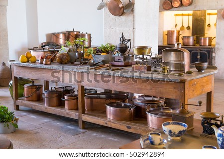 interior old kitchen with vintage kitchenware in palace