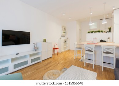 Interior Of A Open Plan Apartment, Living Room, Kitchen, Dining Area