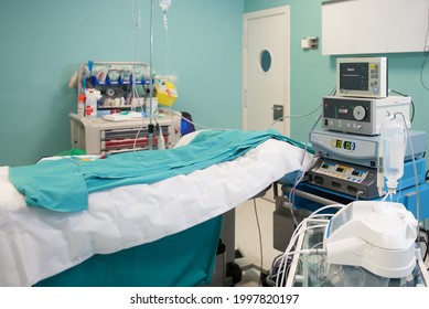 Interior Of Operating Room In Modern Clinic. Hospital Details - Modern Surgery Room With Technology