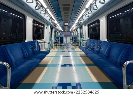 Interior of a passenger train with empty seats, no people during quarantine lockdowns in Germany. inside the subway car.