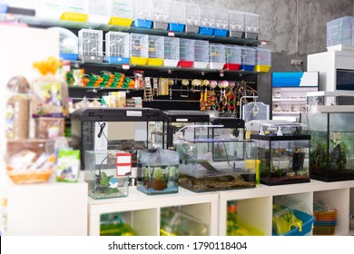 Interior Of Pet Store With Various Of New Bird Cages, Shelves With Pet Accessories, Rows Of Aquariums With Fish And Plants