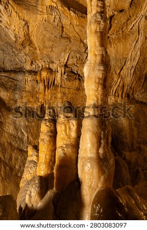 An interior photograph capturing the colossal limestone formations inside the Obir Dripstone Caves (Obir Tropfsteinhöhlen), featuring a large floor-to-ceiling pillar column on the left and a layered stalagmite structure illuminated by dramatic cave lighting