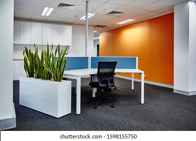 Interior Photography Of A Corporate Fit Out Open Plan Office Area With Desks, Black Chair, An Orange Feature Wall, Sansevieria Planter Box And A Storage Area In The Background