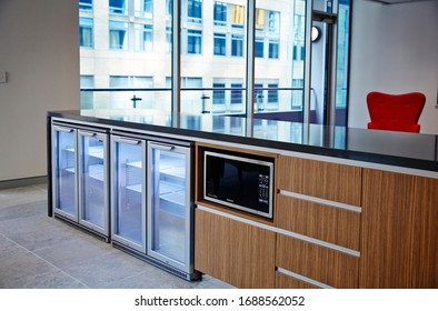 Interior Photography Of A Modern Corporate Office Break Out Area, A Detail Of Bar Fridges Set Into Cabinetry