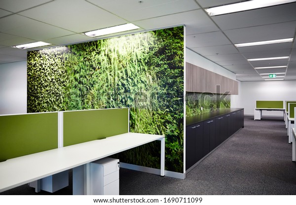 Interior photography of a new modern corporate open plan office with work stations with a green and white decor