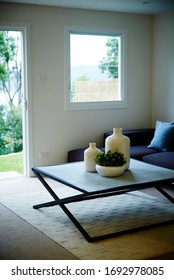 Interior Photography Of A Simple Modern Lounge Room With A Dark Blue Modular Sofa With Cushions, A Stone Topped Coffee Table With Decorative Bottles & A Succulent Plant, A Back Yard In The Background