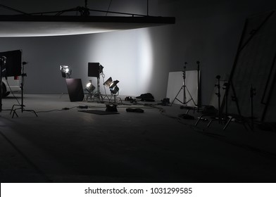 Interior of a photography studio with professional equipment. Copyspace in the photo.
