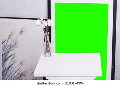 Interior Picture Stands Green Screen Mockup For Photoshop Replacement Of The Background In A Dark Frame Picture Light Interior White Table Place For An Object Foreground Vase White Cotton Bouquet