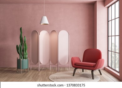 Interior of pink living room with red leather armchair standing on round carpet near pink folding screen. 3d rendering