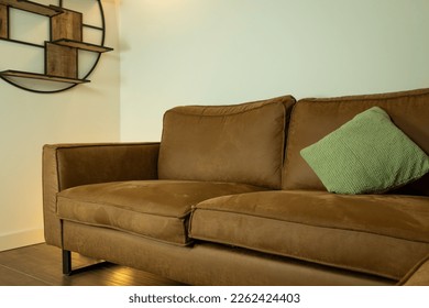 Interior of plain basic residence house lounge with suede couch sofa, green cushion and minimalist circle shelving on the wall. Neutral colour scheme green brown and cream 