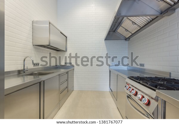 Interior Professional Kitchen Work Tables Sinks Stock Photo Edit Now 1381767077